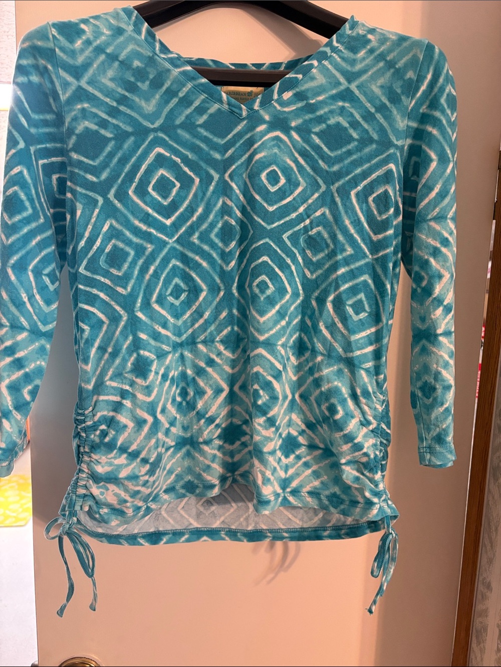 Caribbean Joe Teal and White Geometric V-Neck Drawstring Tunic
